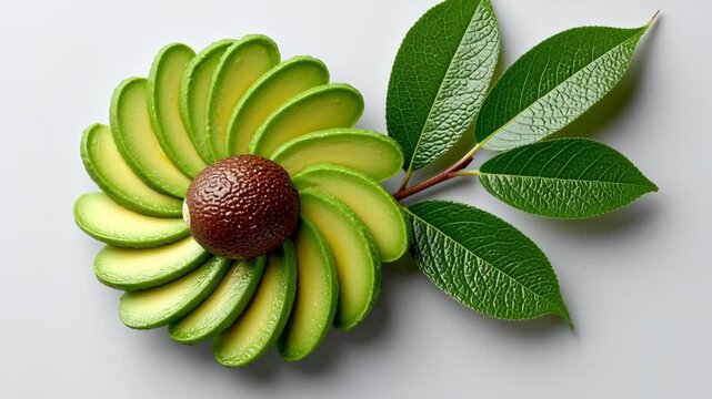 Avocado arranged in a flower shape with green slices and a brown pit, surrounded by fresh green leaves on a light background, showcasing the vibrant colors and textures of the fruit