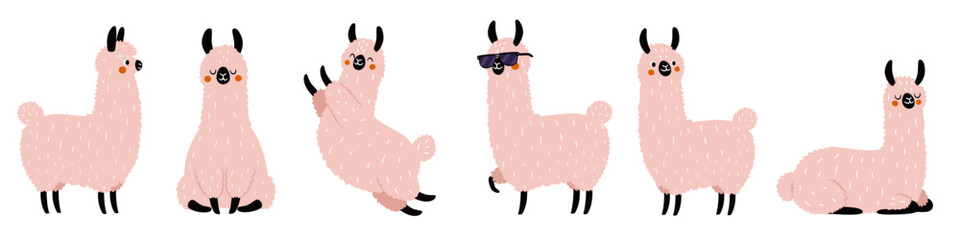 A set of vector illustrations in a simple children's style. Cute llamas in different poses. . Vector illustration