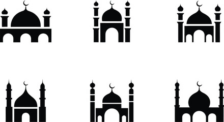 modern Islamic mosque vector icons, each with distinct domes and minarets for web and print use © Nahidaakther