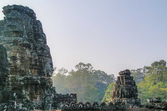 Stone carvings with multiple smiling faces, Bayon Temple, Cambodia