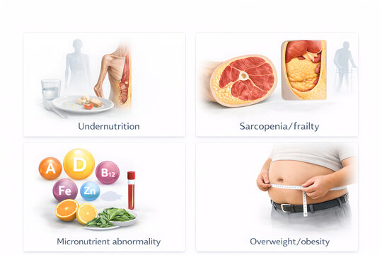 Photorealistic 3D medical infographic Nutrition disorders and nutrition related conditions: Malnutrition/undernutrition, Sarcopenia and frailty, Micronutrients abnormalities, Overweight and obesity