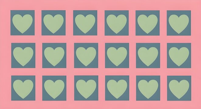 Set of cute green hearts in blue squares vector seamless patterns. vintage pattern