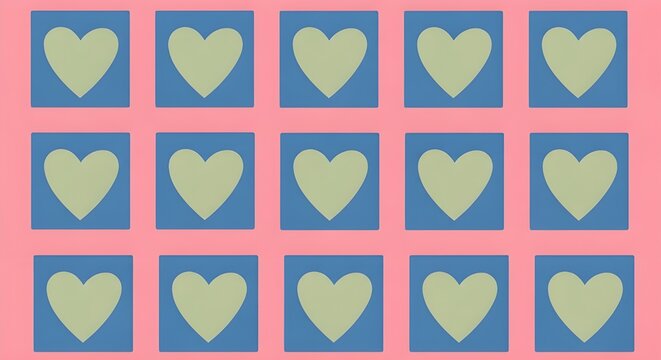 Set of cute green hearts in blue squares vector seamless patterns featuring romantic heart shapes and love symbols for Valentine's Day wallpaper decoration or wedding card design illustrations