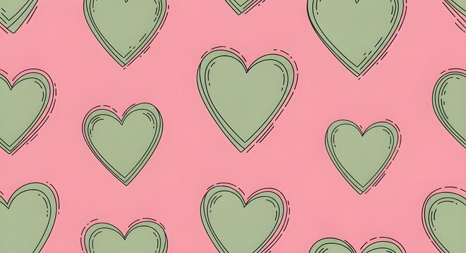 seamless pink background with green doodle hearts