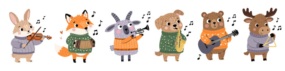 A set of flat vector illustrations in a simple children's style. Cute animals in sweaters play musical instruments: a rabbit with a violin, a fox with an accordion, a goat, a dog, a bear, and an elk