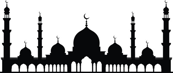 A grand mosque silhouette with multiple domes and minarets, an iconic representation of Islamic architecture © Nahidaakther