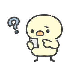 スマホを持って疑問に悩むひよこの手書きイラスト © Nitomaru