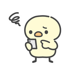 スマホを持ってもやもや悩むひよこの手書きイラスト © Nitomaru