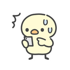 スマートフォンを持って汗をかき驚くひよこの手描きイラスト © Nitomaru