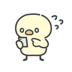 スマートフォンを持って汗をかき驚くひよこの手描きイラスト © Nitomaru