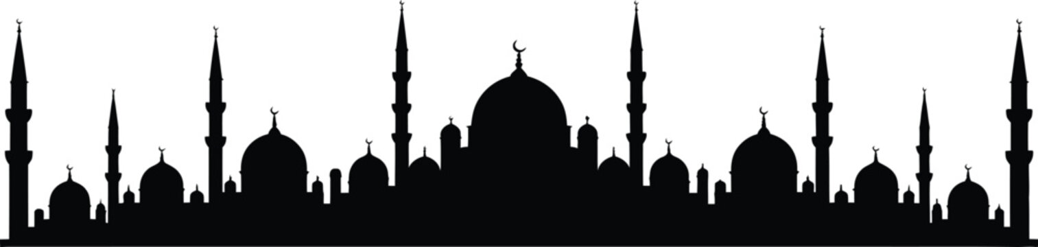 Black silhouette skyline of Islamic mosques and minarets against a white background, representing architectural beauty and cultural heritage.