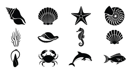Sea animals and shells icon set with starfish, seahorse, dolphin, fish, crab, seaweed and seashell silhouettes in black, marine nature symbols isolated © Beckham 