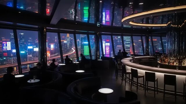 Modern Bar with City View at Night.