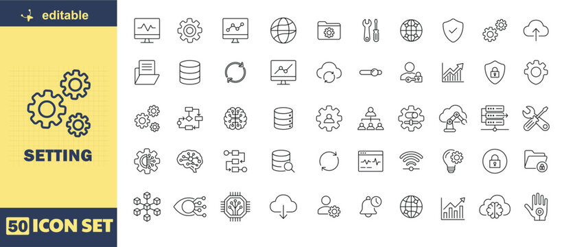 This is a set of 50 editable setting icons in a modern design style, perfect for use in digital products, software applications, and websites. The icons are designed to be visually appealing and easy 