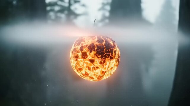 Glowing Orb in Misty Forest Scene.
