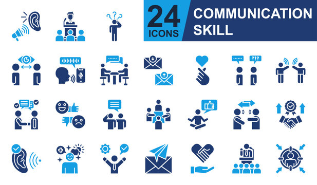 Communication Skill Icons set vector illustration. Containing Active Listening, Public Speaking, Voice Recognition, Dialogue, Feedback and more. Simple solid icons collection.