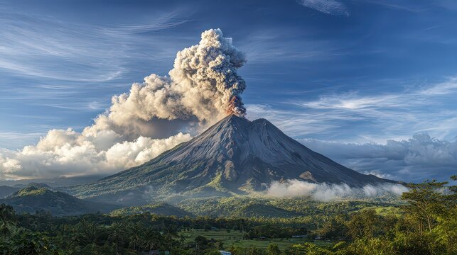 Dramatic Volcanic Eruption Plume Ascending from Mountain Surrounded by Lush Green Forest Under Blue Sky with Wispy Clouds in Daytime