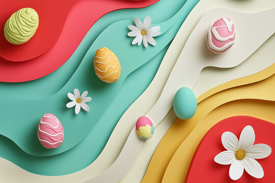 Colorful Easter eggs and flowers on wavy paper background  