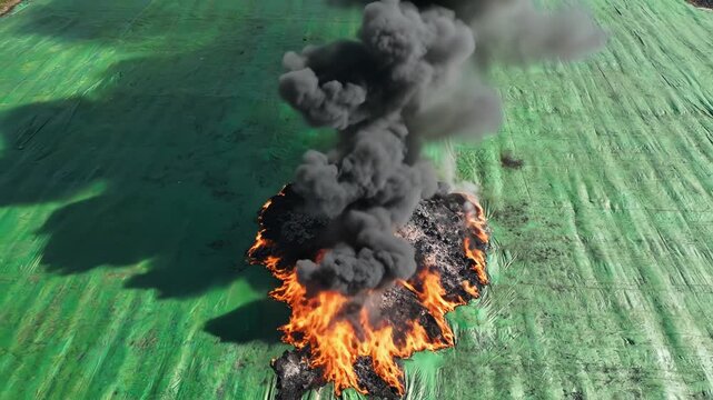 Fire burning on green surface with smoke