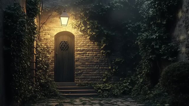 Mysterious old doorway illuminated by a single lamp in a dark garden.