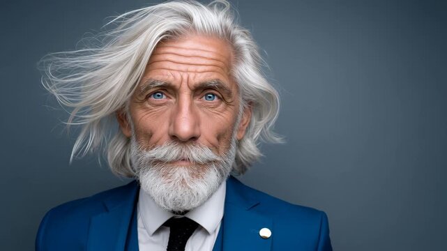 Elderly man with long white hair and beard in blue suit poses confidently against a solid gray background, showcasing his distinguished appearance and striking blue eyes
