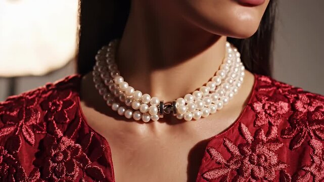 Elegant Woman Wearing a Multi-Strand Pearl Choker Necklace and a Rich Red Embroidered Garment with Soft Studio Lighting