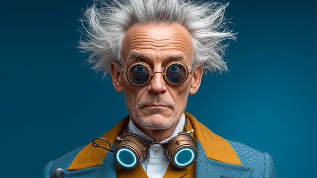 Elderly man with wild white hair and round glasses adjusts his steampunk goggles while wearing a blue coat with orange collar against a solid blue background