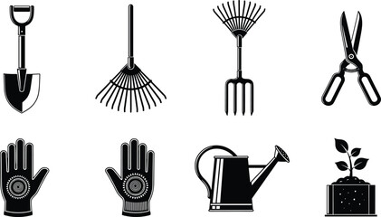 Gardening tools silhouettes set including shovel rake fork scissors gloves watering can and plant pot, black and white garden equipment icons isolated on white background © MdNurIslam