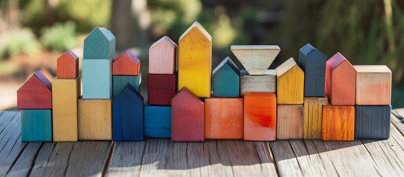 A vibrant and colorful collection of wooden building blocks arranged in an abstract cityscape on a rustic wooden surface with a blurred green background