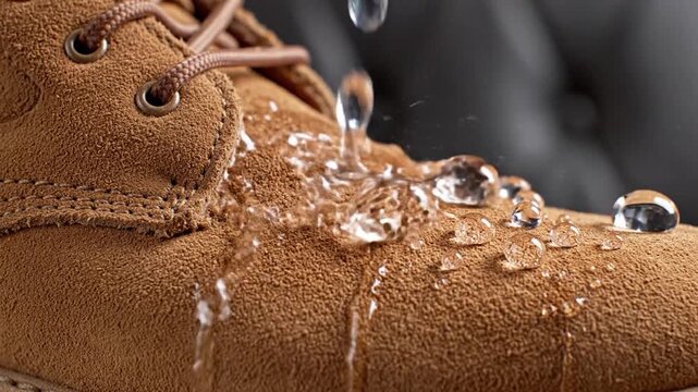 Brown suede shoe undergoes water droplet impact test in close-up