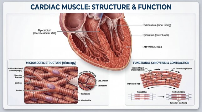 Detailed Illustration of Cardiac Muscle Structure and Function, Including Histology and Contraction Mechanism Insights