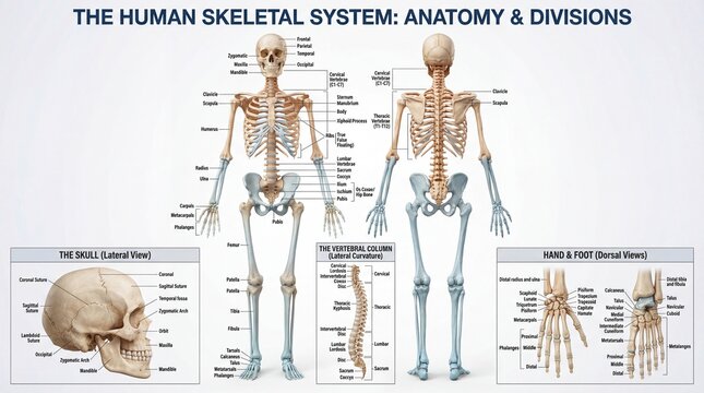 Detailed Illustration of the Human Skeletal System Including Anatomy, Divisions, and Lateral Views of the Skeleton