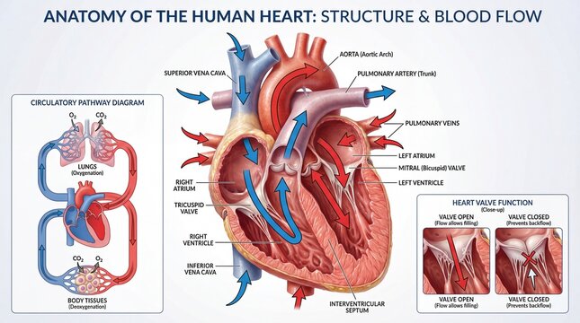 Detailed Diagram of Human Heart Anatomy, Structure, and Blood Flow Pathway for Educational Purposes