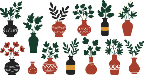 Floral set of flowers and plants featuring nature vectors of green leaves, red berries, and autumn fruits for a fresh Christmas holiday decoration pattern