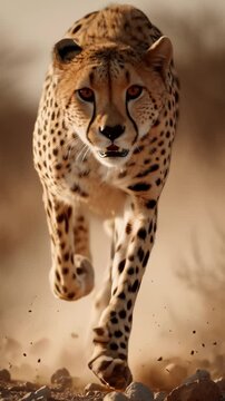 A cheetah runs forward, kicking up dust and debris in its path, with warm sunlight on its fur