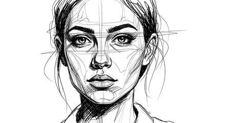 Detailed female face pencil sketch with construction lines