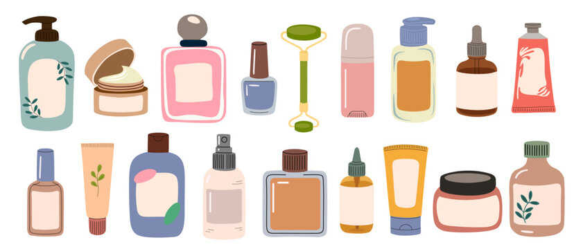 Flat minimalist illustration of skincare and beauty containers with blank labels, pastel palette and subtle shadows. Modern hand drawn vector illustrations isolated on transparent background.