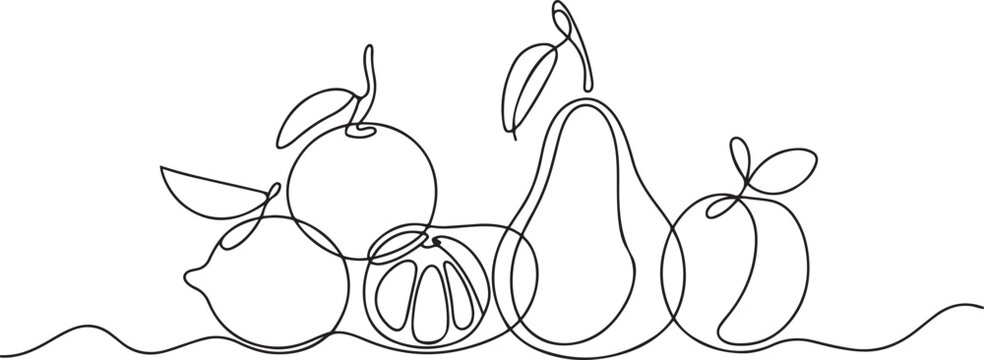 Abstract fruits drawing. Continuous one line art of fruits. Lemon lime mandarin pear peach fruit set.one line icon illustration with white background