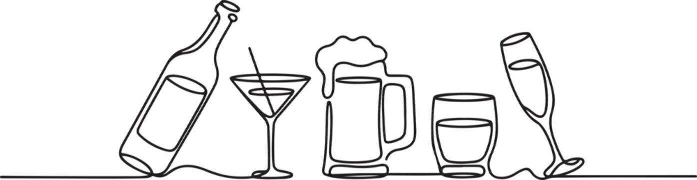 Alcohol drinks in continuous one line drawing.one line icon illustration with white background