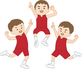 ナンバーワンのポーズで喜ぶユニフォーム姿の男の子たち(背番号なし)