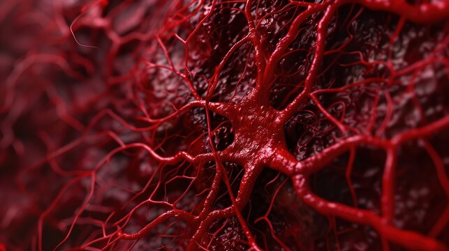 Bleeding Disorders Awareness Month: macro photograph of intricate blood vessel network, capillary system branching patterns, scientific specimen photography, rich crimson tones