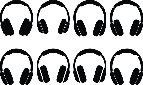 Group of eight diverse black headphone vector graphics