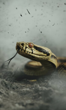 Primer plano dram&aacute;tico de una serpiente venenosa sacando la lengua b&iacute;fida en un ambiente oscuro con humo y cenizas flotantes