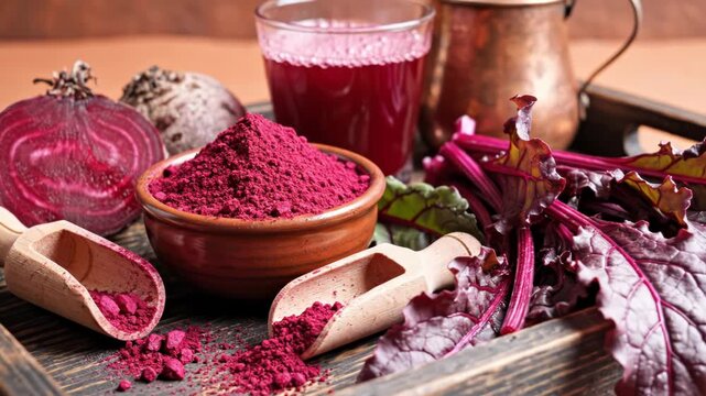 Beetroot powder, fresh beet root, juice and leaves on wooden tray, healthy food concept 4k videos