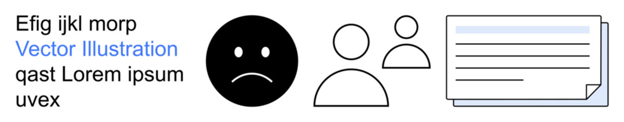Fototapeta premium Emotional expression, communication, user interaction, document sharing, digital identity, group . Frowny face, two user icons and a document. Emotional expression and communication concept