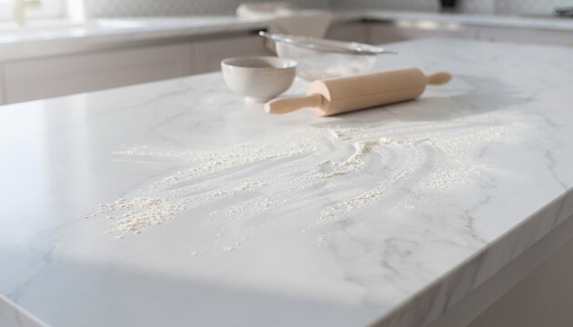 Marble kitchen countertop with scattered flour baking preparation scene