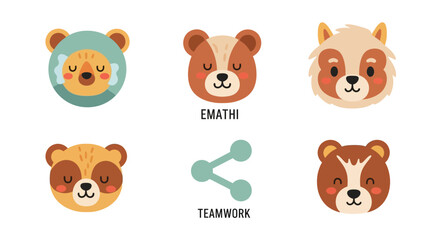 Fototapeta premium Cute Bear Faces and Teamwork Icon - Adorable Animal Characters for Kids and Collaboration Themes