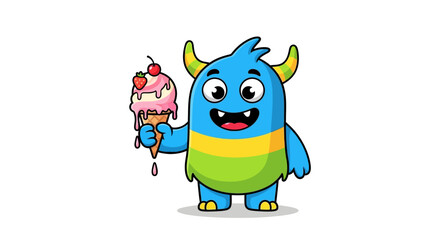 Obraz premium Cute blue monster holding strawberry ice cream cone, cartoon character, fun, sweet, summer treat