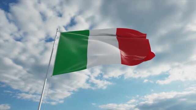 Italian flag waving proudly in the sky with white clouds