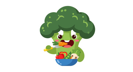 Obraz premium Cute Broccoli Character Eating Salad with Fork, Healthy Food Concept